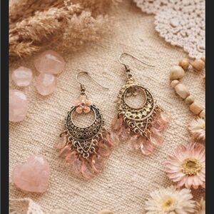 Elegant Gold and Pink Chandelier Earrings